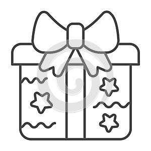 Gift box with stars and bow thin line icon, Christmas and New Year concept, holiday present sign on white background