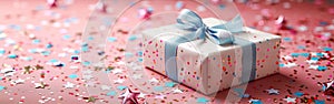 Gift Box with Stars Confetti on Pink Table - Perfect for Birthday, Mother\'s Day or Wedding Celebrations - Top View Flat Lay