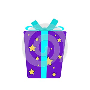 Gift box with stars vector present Christmas ribbon illustration surprise design bow. Holiday icon isolated celebration background