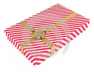 Gift box, striped, with ribbons, isolated on white