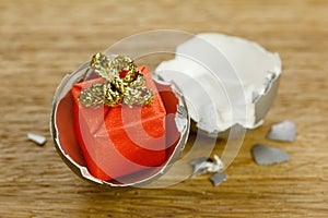 Gift box surprise concept, open egg shells symbol of born