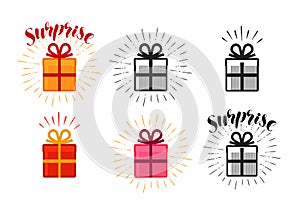 Gift box, surprise set of icons. Lettering vector illustration