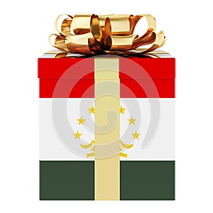 Gift box with Tajik flag. Holiday in Tajikistan, concept. 3D rendering