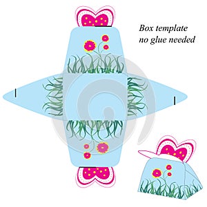 Gift box template with pink butterfly and flowers. No glue needed