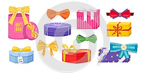 Gift box with tie bow. Present wrapped gift box differents shapes with ribbons, bows.