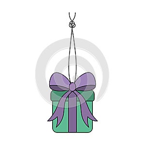 The gift in the box is tied with a bow. The surprise box hangs on a string with a knot. Colored vector illustration.