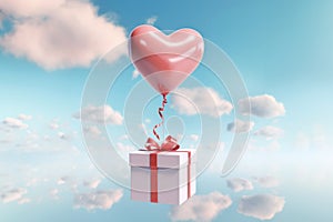 Gift box tied with a red ribbon and attached to a heart-shaped balloon on the backdrop of blue sky