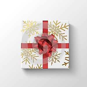 Gift box top view. Wrapped realistic present box with red ribbon. Holiday or sale christmas concept