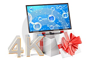 Gift box with TV set 4K or computer monitor 4k, 3D rendering