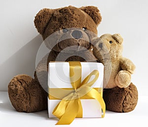 A gift box and two teddy bears