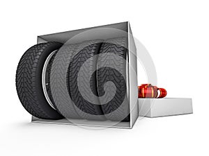 Gift box with tyres and wheels. 3D