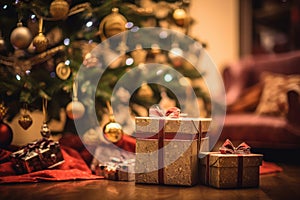 A gift box under the Christmas tree