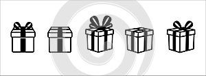 Gift box vector icon set. Gift boxes in different view angle. Present box tied with bow tie ribbon. Vector stock for sign and