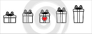 Gift box vector icon set. Valentine gift boxes in different size from short to high shape. Present box tied with bow tie ribbon