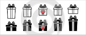 Gift box vector icon set. Valentine gift boxes in different size from short to high shape. Present box tied with bow tie ribbon