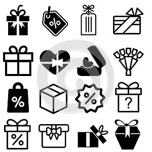 Gift box vector icons set. discount illustration symbol collection. package and price tag logo or sign.