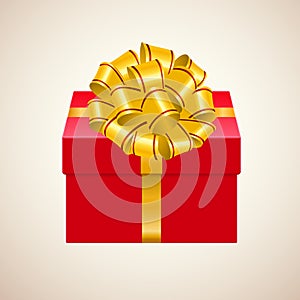 Gift box vector illustration. Closed red present with gold bow and ribbon isolated on white background