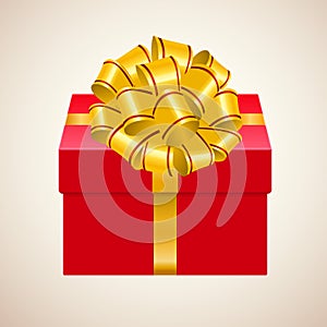 Gift box vector illustration. Closed red present with gold bow and ribbon isolated on white background