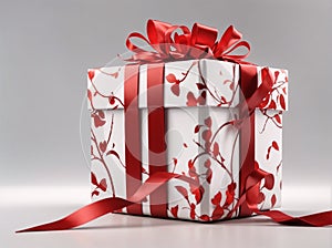 Gift box white red ribbon big focus on center on white table on beautiful bokeh background