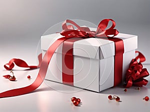 Gift box white red ribbon big focus on center on white table on beautiful bokeh background