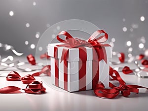 Gift box white red ribbon big focus on center on white table on beautiful bokeh background