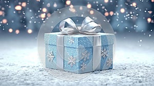 Gift box on white snowy background with sparkling snow. Generative AI.