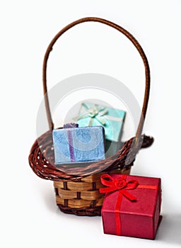 Gift boxes and wicker basket