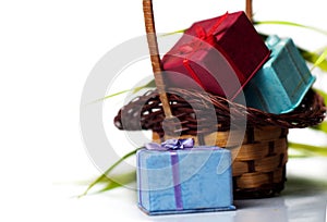 Gift boxes and wicker basket