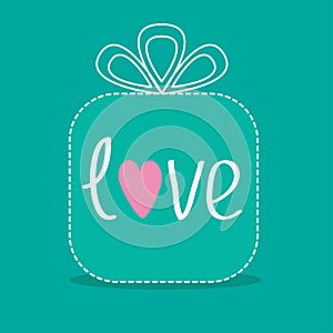 Gift box with word love. Dash line. Flat design.