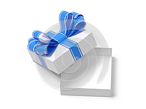 Gift box wrapped with blue decoration ribbon. Open empty box. 3d rendering illustration