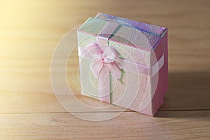 Gift box wrapped Christmas and Newyear presents with bows and ribbons, Christmas frame boxing day background.