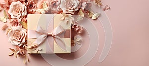 A gift box wrapped in eco-friendly craft paper with pink ribbon bow on pink background with paper flowers