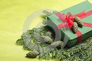 Gift box wrapped in the green paper, red ribbon and bow on the fir tree.Enpty space for text photo