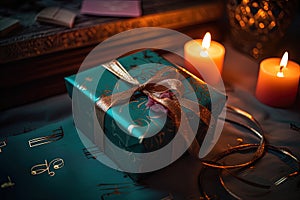 Gift box wrapped in paper with musical notes, ribbon and candles lights. World Music Day concept