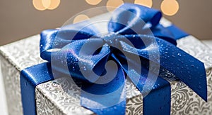 Gift box wrapped in silver-patterned paper