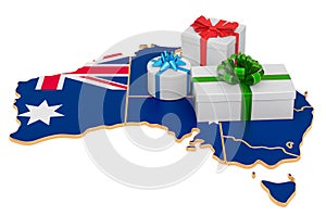 Gift boxes on the Australian map. Christmas and New Year holidays in Australia concept. 3D rendering