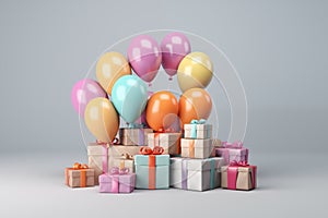 Gift boxes and balloons on a blue background 3D Render