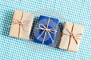 Gift boxes on blue background