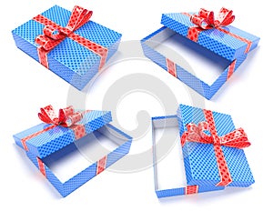 Gift boxes. Blue box with red bow. 3d rendering illustration