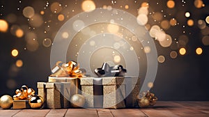 Gift boxes on bokeh background. Christmas and New Year concept.