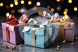 Gift boxes with bows on bokeh background, closeup. Christmas and New Year concept