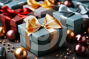 Gift boxes with bows on bokeh background, closeup. Christmas and New Year concept