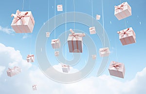 Gift boxes with bows fly from the sky on white parachutes.