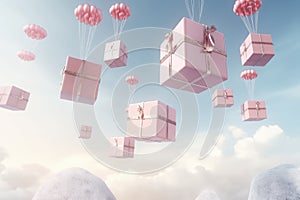 Gift boxes with bows fly from the sky on white parachutes. Promotions and gift draws. Participation in sales and giveaways