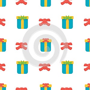 Gift boxes with bows and ribbons seamless pattern on white. Vector illustration.