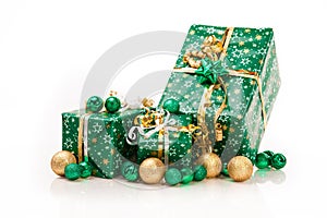 Gift boxes and christmas balls,Isolated on white