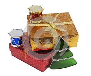 Gift boxes and christmas ornaments, isolated