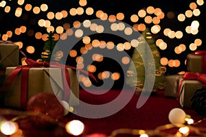 Gift boxes, Christmas tree with lights for christmas theme