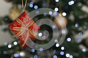 Gift boxes on christmas tree with space to write message