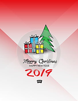 Gift boxes with Christmas tree. vector illustration, Merry Christmas and happy new year 2019 gift card template